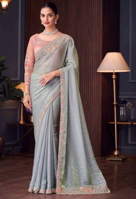 Grey pink georgette embroidered party-wear-saree 1