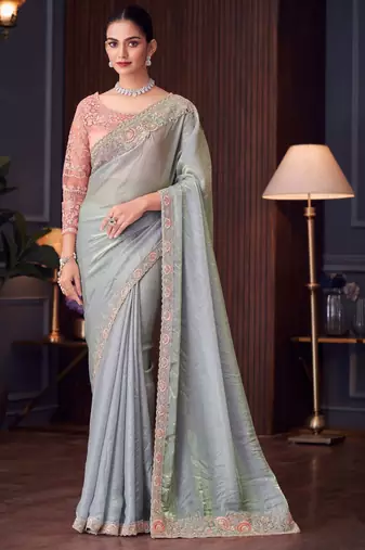 Grey,pink georgette embroidered party-wear-sarees