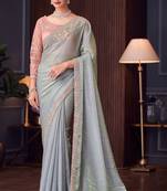 Grey,pink georgette embroidered party-wear-sarees