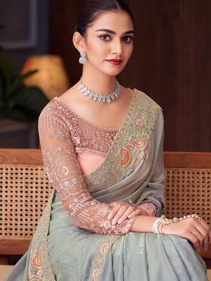 Grey pink georgette embroidered party-wear-saree 2