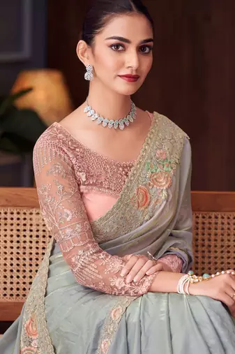 Grey pink georgette embroidered party-wear-saree