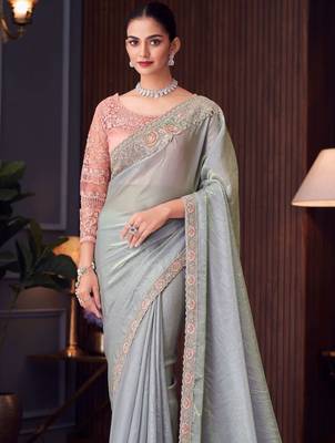 Grey pink georgette embroidered party-wear-saree 3