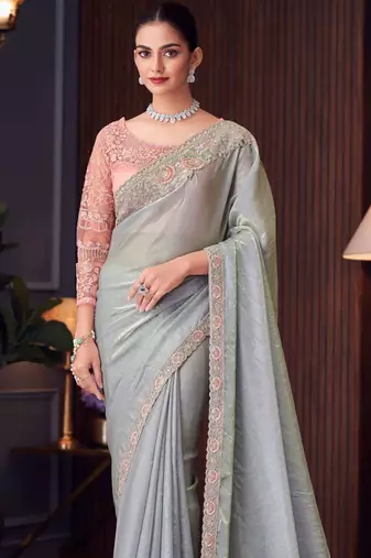 Grey pink georgette embroidered party-wear-saree