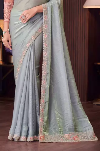 Grey pink georgette embroidered party-wear-saree