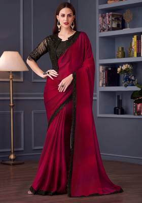 Red black chiffon embroidered party-wear-saree 1