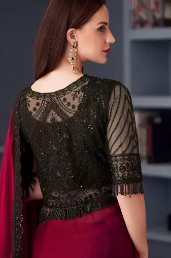 Red black chiffon embroidered party-wear-saree