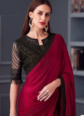 Red black chiffon embroidered party-wear-saree 3