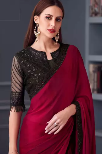 Red black chiffon embroidered party-wear-saree