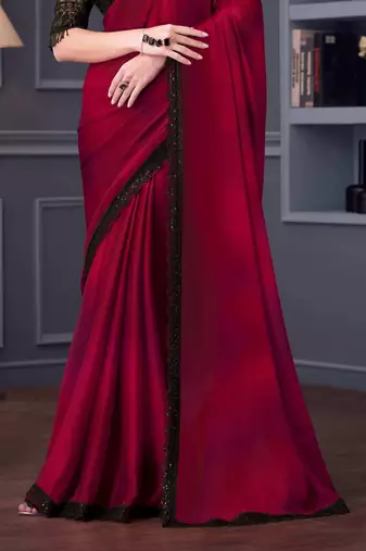 Red black chiffon embroidered party-wear-saree