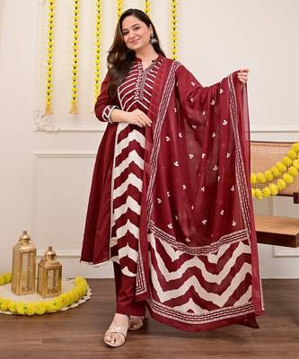 Floral printed maroon  cotton kurta set with trouser & dupatta 1