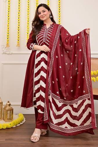 Floral printed maroon pure cotton kurta set with trouser & dupatta