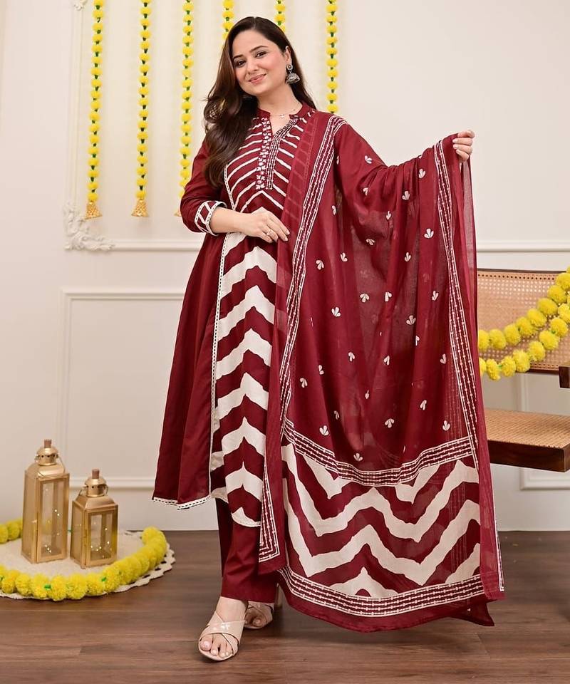 Floral printed maroon pure cotton kurta set with trouser & dupatta