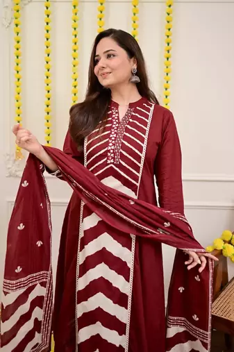Floral printed maroon  cotton kurta set with trouser & dupatta