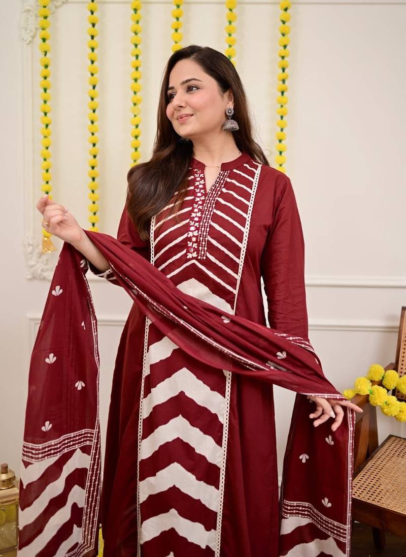 Floral printed maroon pure cotton kurta set with trouser & dupatta