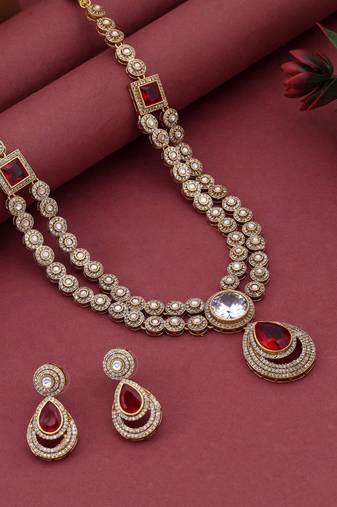 Red color american diamond necklace set