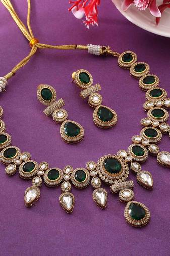 Green color american diamond necklace set