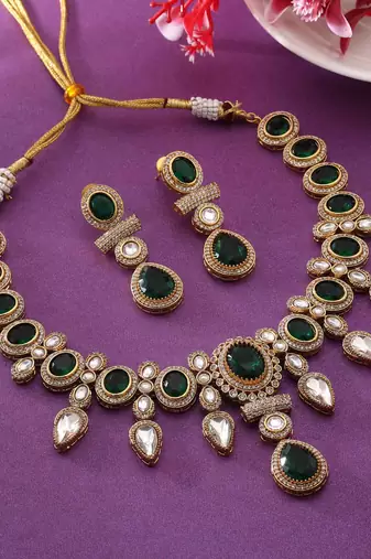 Green color american diamond necklace set