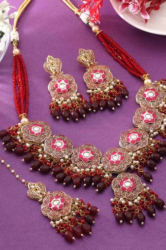 Maroon color meenakari necklace set