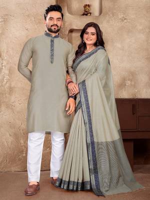 Grey linen cotton couple combo men's kurta & pajama with women saree set 1