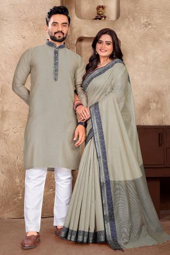 Grey color linen cotton couple combo men's kurta & pajama with women saree set