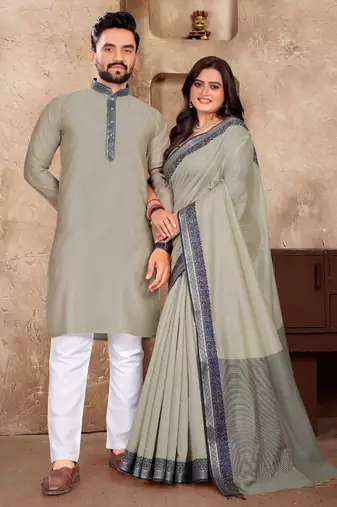 Grey color linen cotton couple combo men's kurta & pajama with women saree set