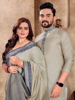 Grey linen cotton couple combo men's kurta & pajama with women saree set 2