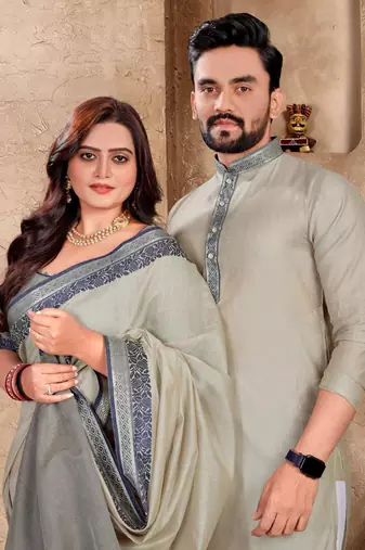 Grey color linen cotton couple combo men's kurta & pajama with women saree set