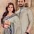 Grey color linen cotton couple combo men's kurta & pajama with women saree set