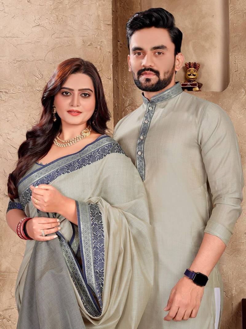 Grey color linen cotton couple combo men's kurta & pajama with women saree set