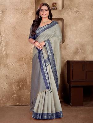 Grey linen cotton couple combo men's kurta & pajama with women saree set 3