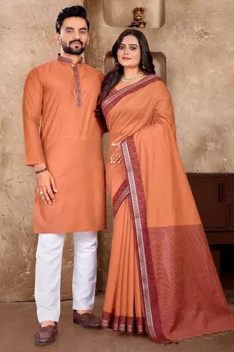 Orange color jacquard weaving silk  couple combo men's kurta & pajama koti & women saree set