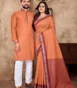 Orange color jacquard weaving silk  couple combo men's kurta & pajama koti & women saree set