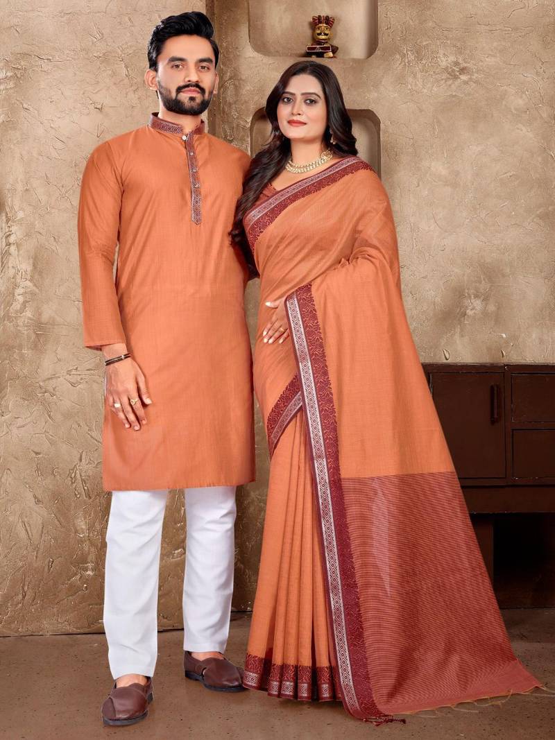 Orange color jacquard weaving silk  couple combo men's kurta & pajama koti & women saree set