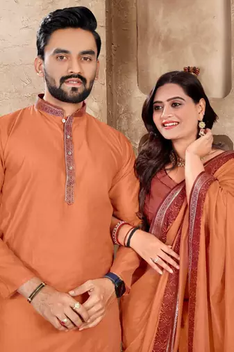 Orange color jacquard weaving silk blend  couple combo men's kurta & pajama koti & women saree set