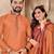 Orange color jacquard weaving silk  couple combo men's kurta & pajama koti & women saree set