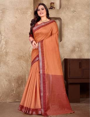Orange jacquard weaving silk blend couple combo men's kurta & pajama koti & women saree set 3