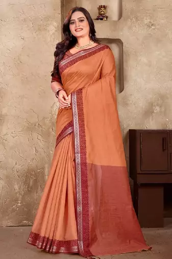 Orange color jacquard weaving silk blend  couple combo men's kurta & pajama koti & women saree set