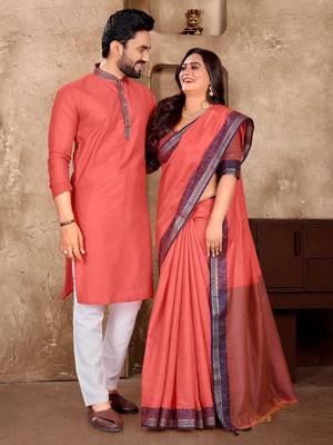 Peach jacquard weaving silk blend couple combo men's kurta & pajama koti & women saree set 1