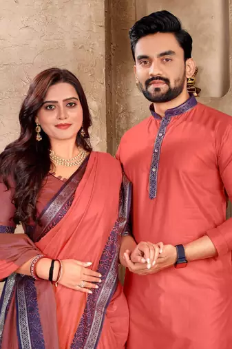 Peach color jacquard weaving silk blend  couple combo men's kurta & pajama koti & women saree set