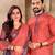 Peach color jacquard weaving silk  couple combo men's kurta & pajama koti & women saree set