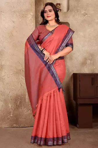 Peach color jacquard weaving silk blend  couple combo men's kurta & pajama koti & women saree set