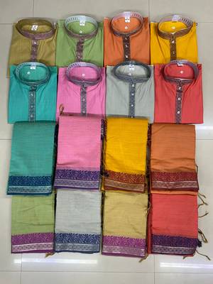 Peach jacquard weaving silk blend couple combo men's kurta & pajama koti & women saree set 4