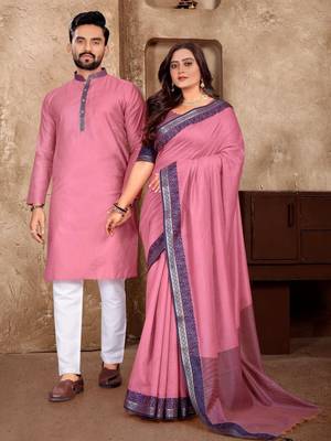 Pink jacquard weaving silk blend couple combo men's kurta & pajama koti & women saree set 1