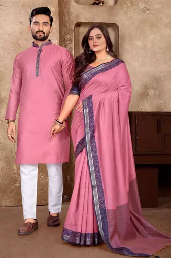 Pink color jacquard weaving silk  couple combo men's kurta & pajama koti & women saree set