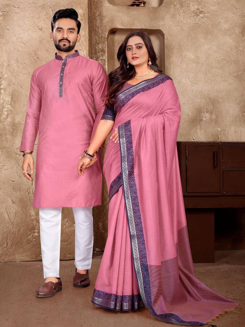 Pink color jacquard weaving silk  couple combo men's kurta & pajama koti & women saree set
