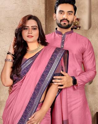Pink jacquard weaving silk blend couple combo men's kurta & pajama koti & women saree set 2