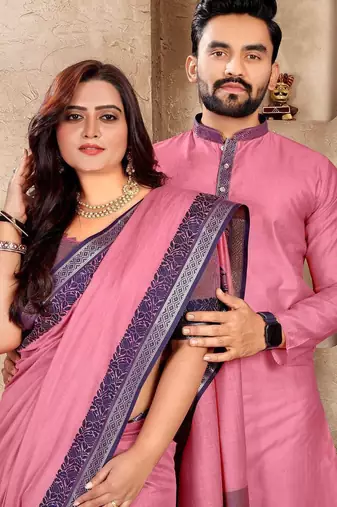 Pink color jacquard weaving silk blend  couple combo men's kurta & pajama koti & women saree set