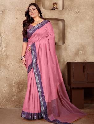 Pink jacquard weaving silk blend couple combo men's kurta & pajama koti & women saree set 3