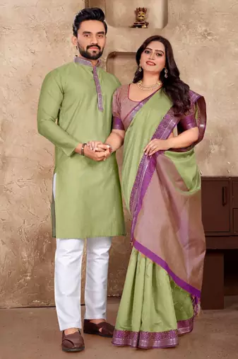 Pista green color jacquard weaving silk  couple combo men's kurta & pajama koti & women saree set
