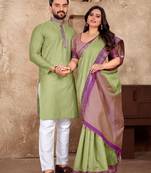 Pista green color jacquard weaving silk  couple combo men's kurta & pajama koti & women saree set